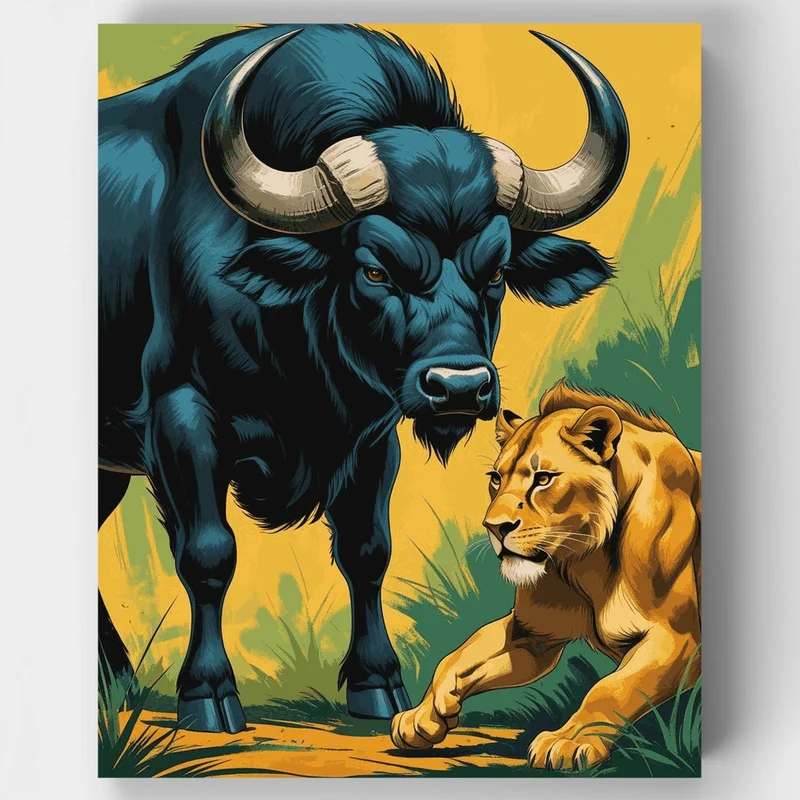 Buffalo and Lion Confrontation - Paint by Numbers Kit
