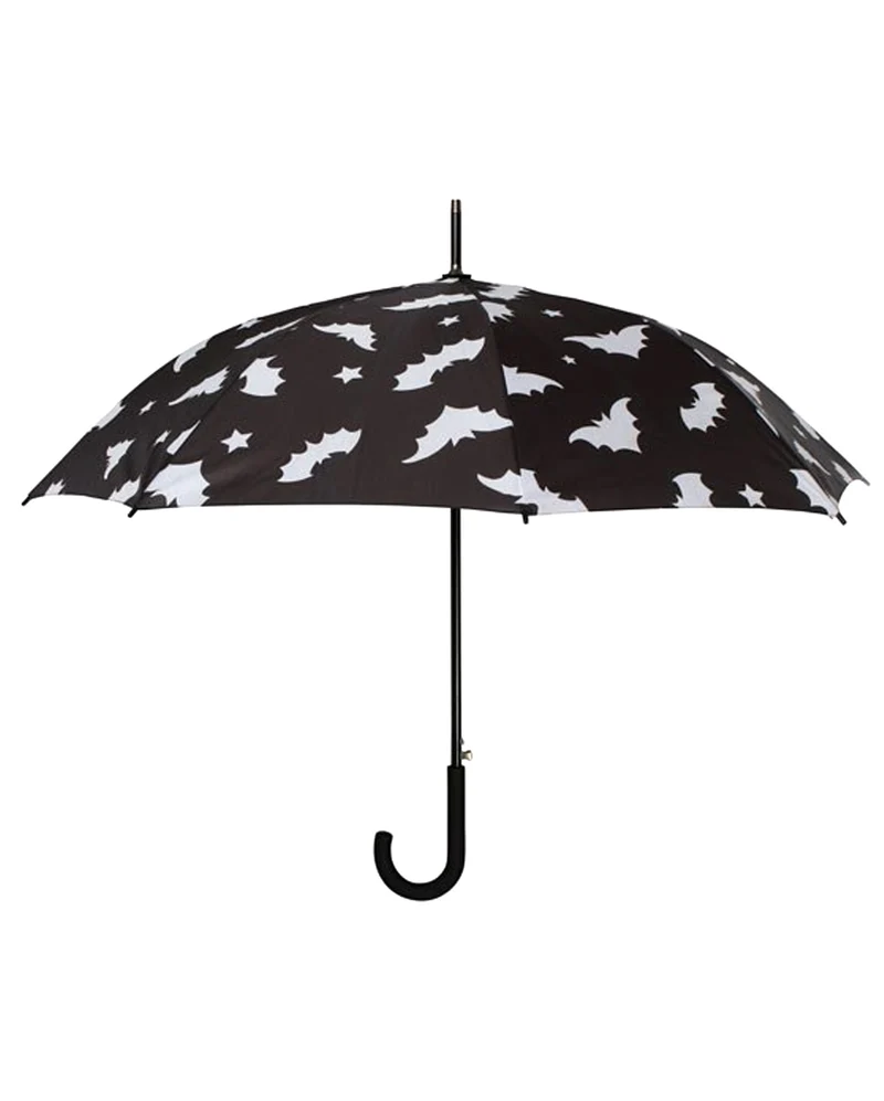 Schwarzer Regenschirm mit Fledermäusen als Motiv