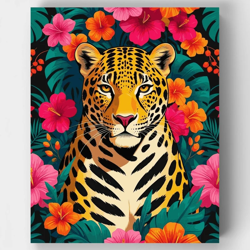 Tropical Jaguar with Vibrant Flowers - Paint by Numbers Kit