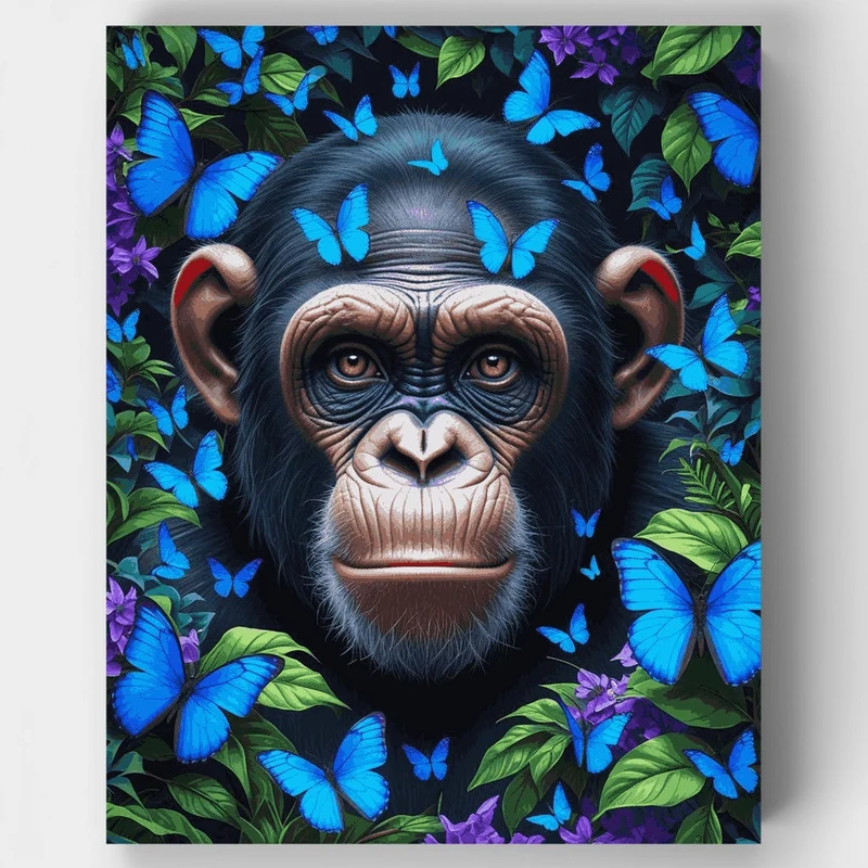 Chimpanzee with Blue Butterflies - Paint by Numbers Kit