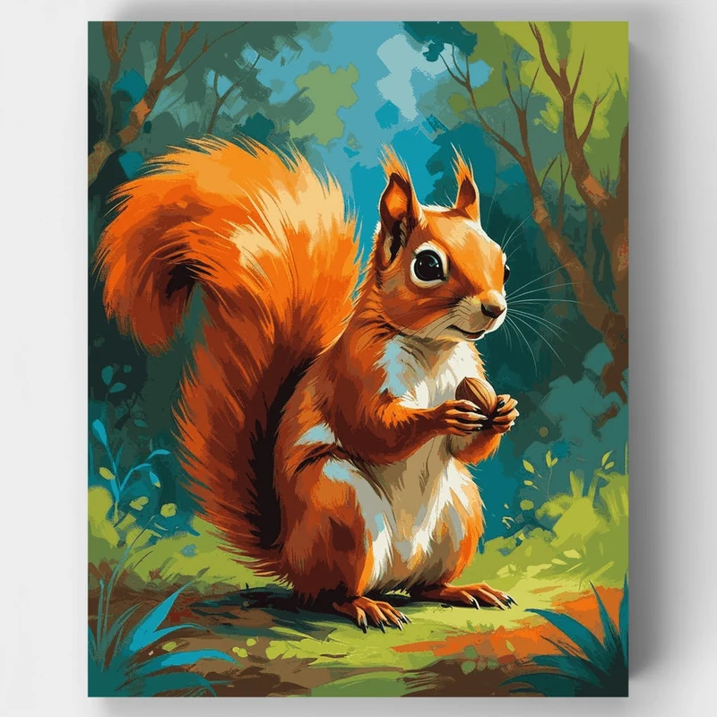 Red Squirrel Holding Acorn in Forest - Paint by Numbers Kit