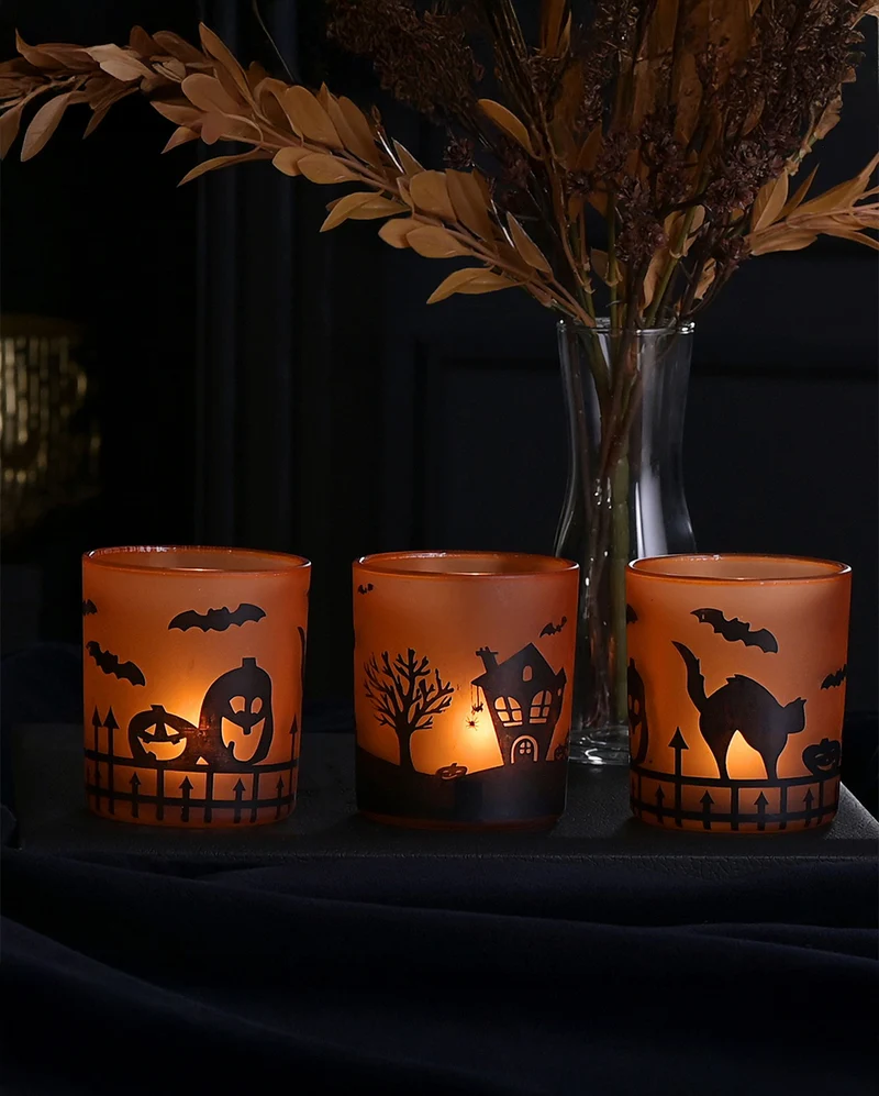 Halloween Motiv Teelichthalter aus Glas 3er-Set