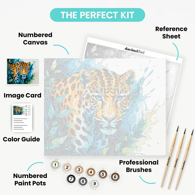 Majestic Watercolor Jaguar with Turquoise Eyes - Paint by Numbers Kit