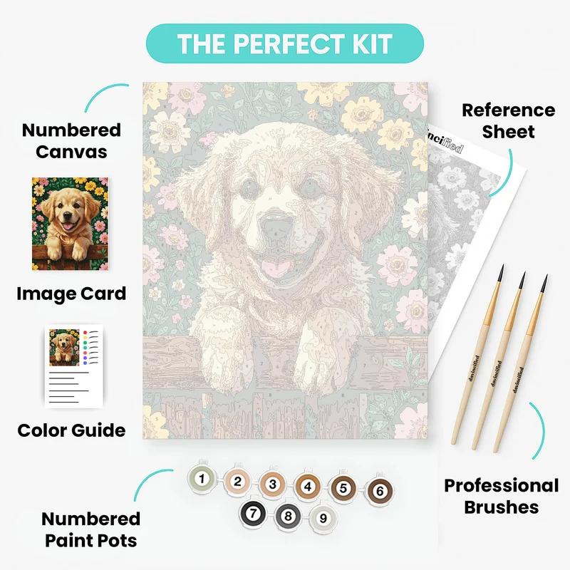 Golden Retriever Puppy in Flowers - Paint by Numbers Kit