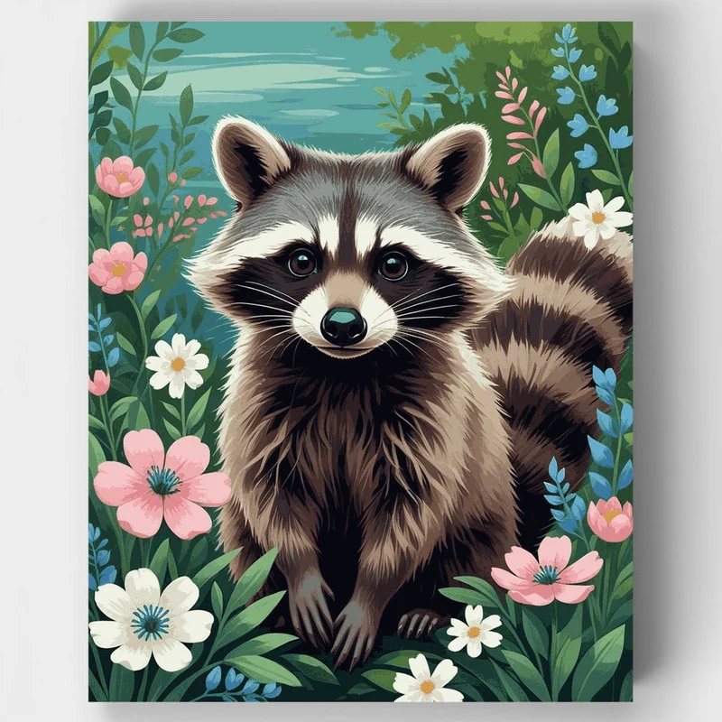 Raccoon in Blooming Garden - Paint by Numbers Kit