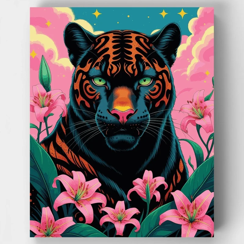 Vibrant Tiger with Pink Lilies - Paint by Numbers Kit