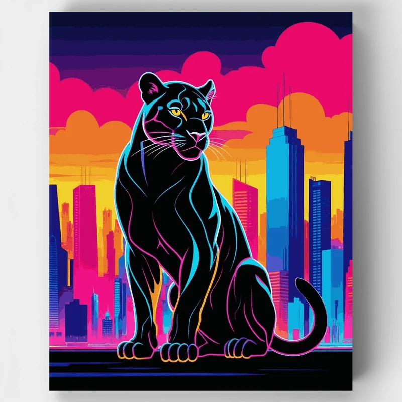 Neon Panther Over Vibrant Cityscape - Paint by Numbers Kit