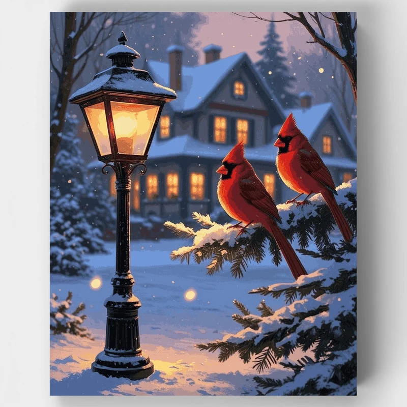 Winter Cardinals at Lamppost - Paint by Numbers Kit