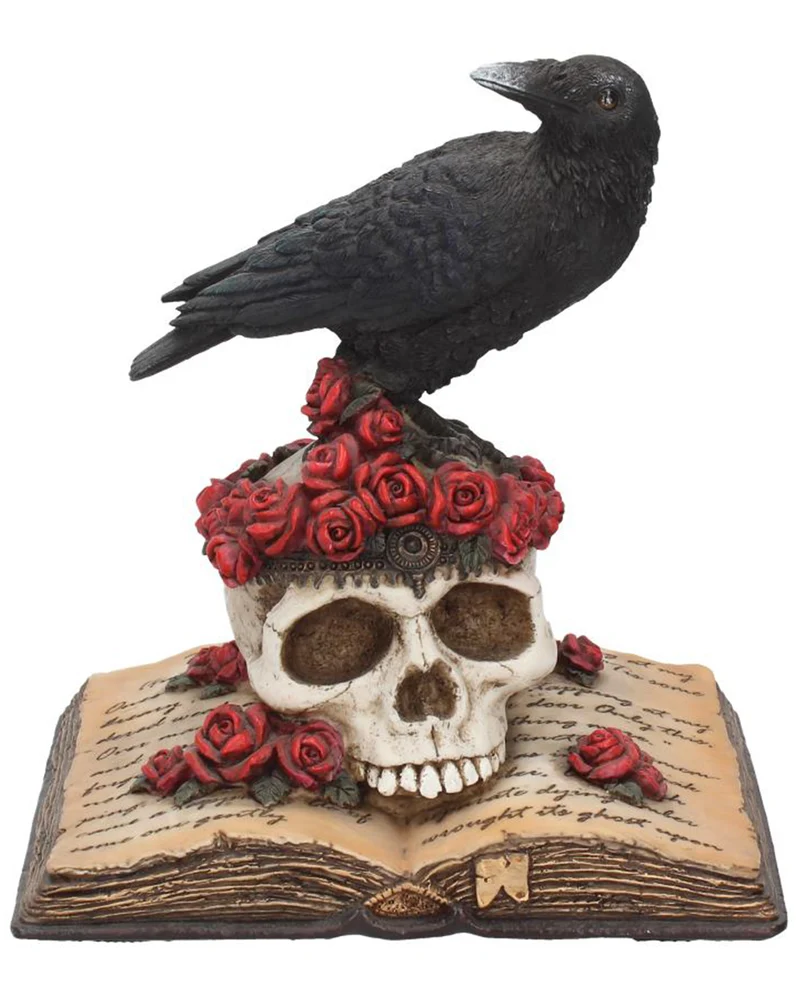 Rabe auf Rosen mit Totenschädel Figur 17cm