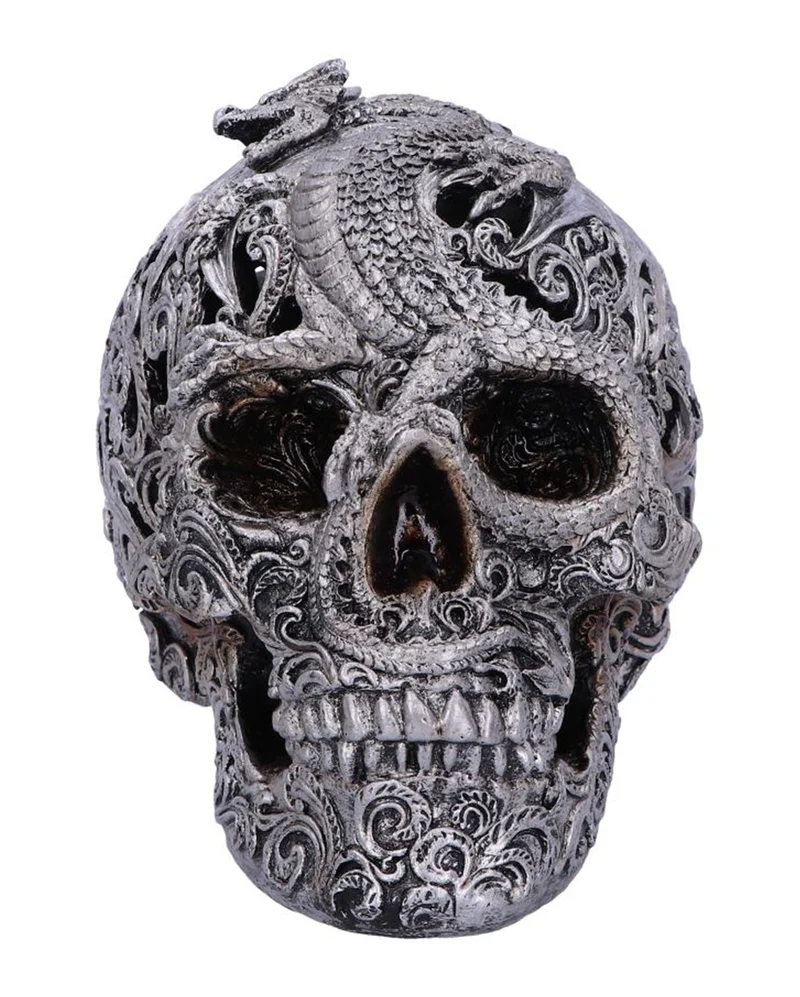 Gravierter Drakos Totenschädel mit Drachenmotiv 19,5cm