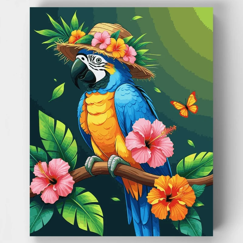 Tropical Macaw Parrot in Straw Hat - Paint by Numbers Kit