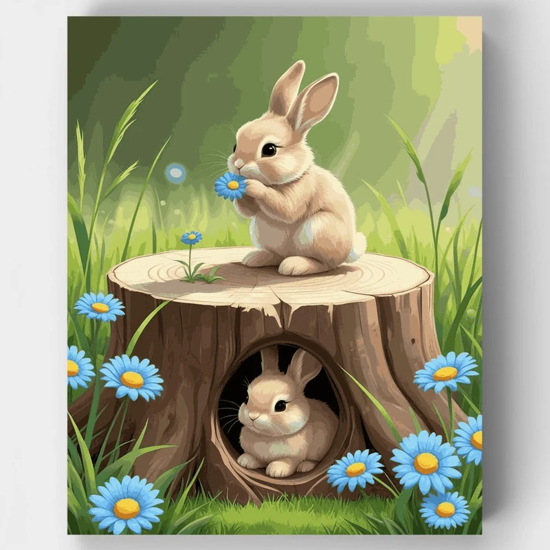 Adorable Bunnies on Tree Stump - Paint by Numbers Kit