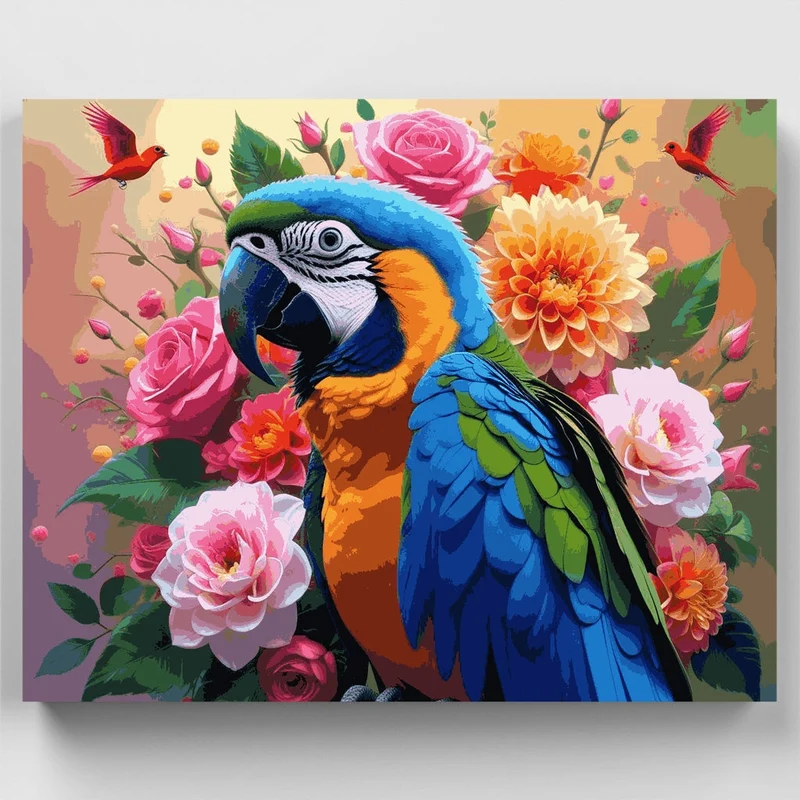 Vibrant Macaw Parrot with Roses and Dahlias - Paint by Numbers Kit