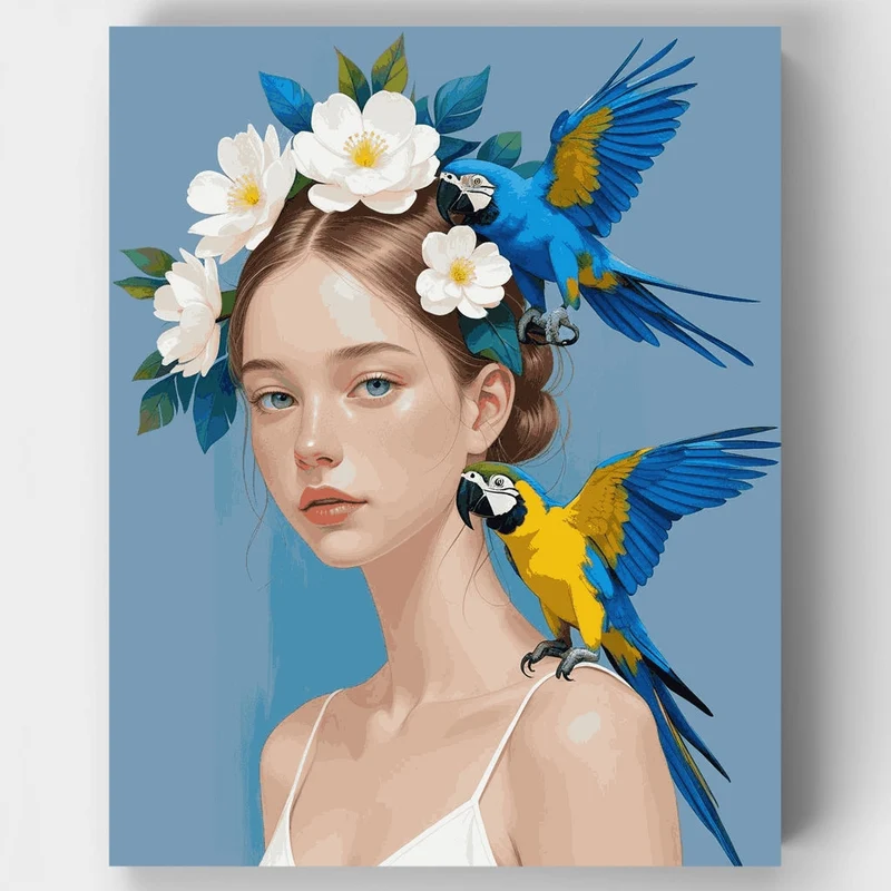 Portrait with Macaws and Flowers - Paint by Numbers Kit