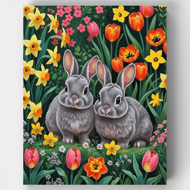 Two Grey Bunnies in Spring Flower Garden - Paint by Numbers Kit