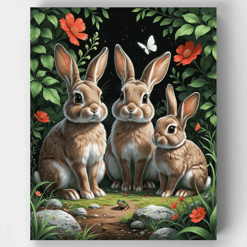 Three Adorable Bunnies in a Garden - Paint by Numbers Kit