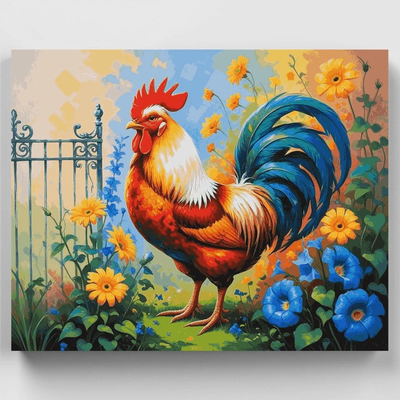 Vibrant Rooster in Flower Garden - Paint by Numbers Kit