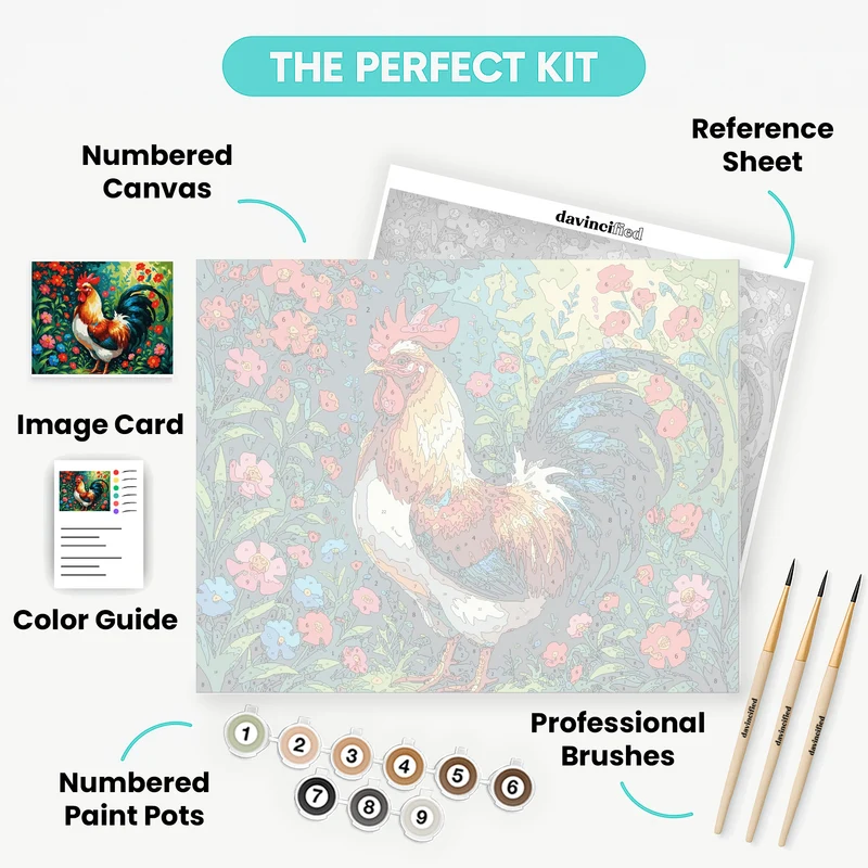 Vibrant Rooster in a Flower Garden - Paint by Numbers Kit