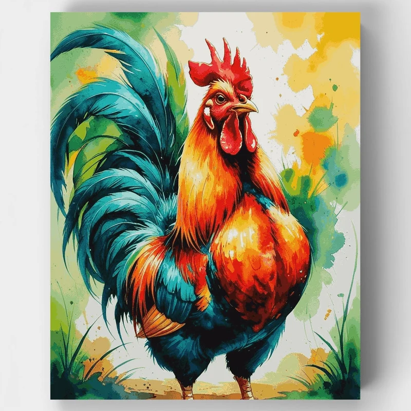 Watercolor Rooster with Teal Tail Feathers - Paint by Numbers Kit