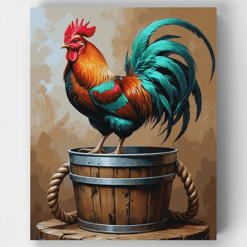 Turquoise and Copper Rooster on Barrel - Paint by Numbers Kit