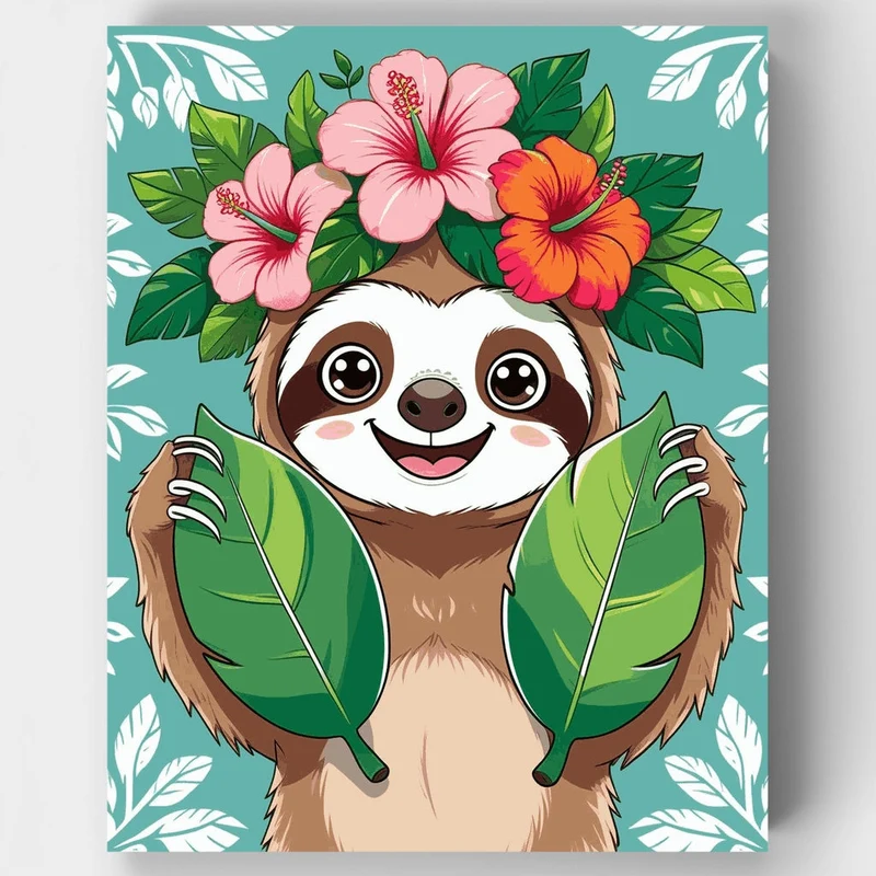 Tropical Sloth with Hibiscus Flowers - Paint by Numbers Kit