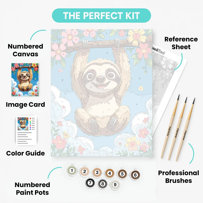 Cheerful Sloth Hanging Among Flowers - Paint by Numbers Kit