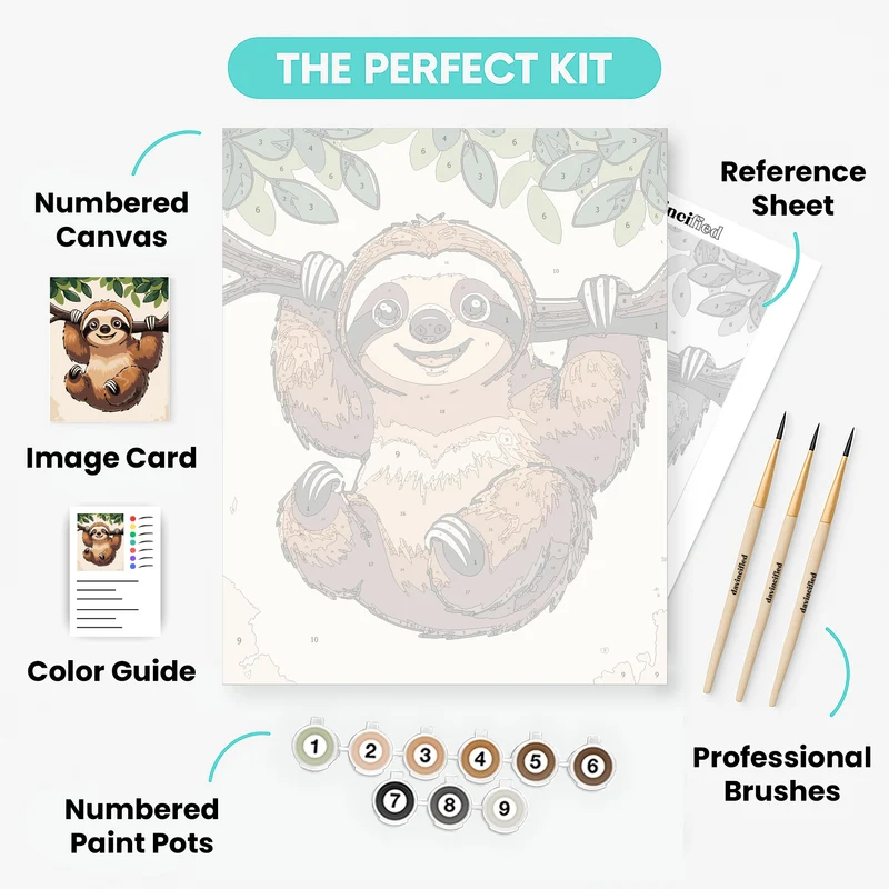 Cheerful Sloth Hanging from Tree Branch - Paint by Numbers Kit