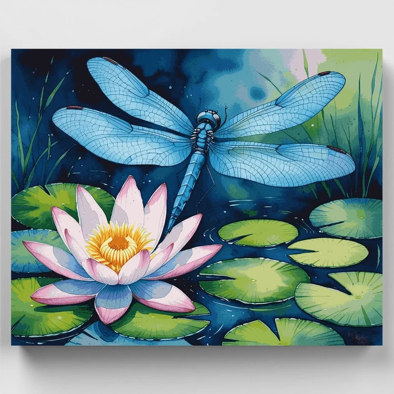 Blue Dragonfly on Water Lily - Paint by Numbers Kit
