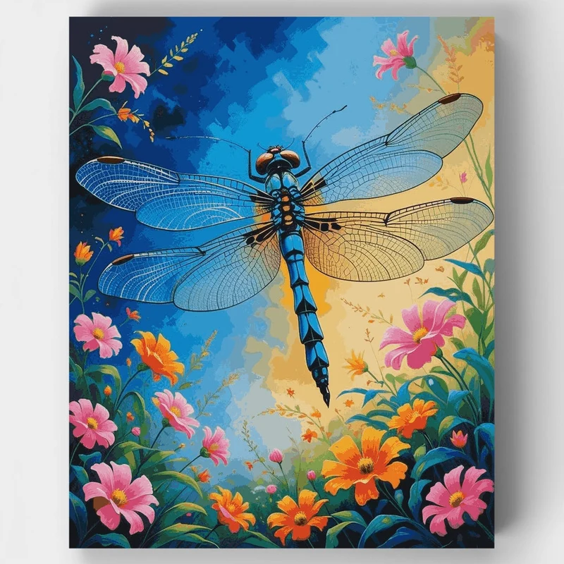 Blue Dragonfly with Garden Flowers - Paint by Numbers Kit