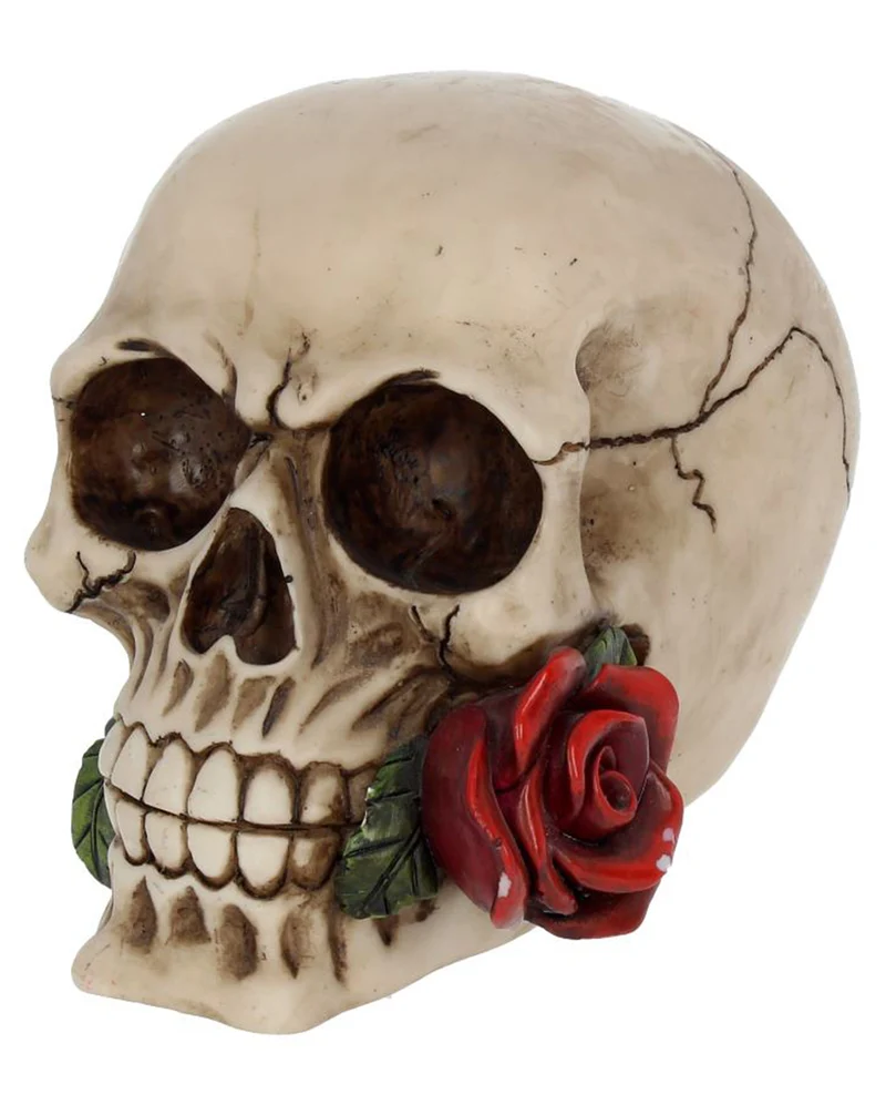 Beiger Totenschädel mit roter Rose 15cm