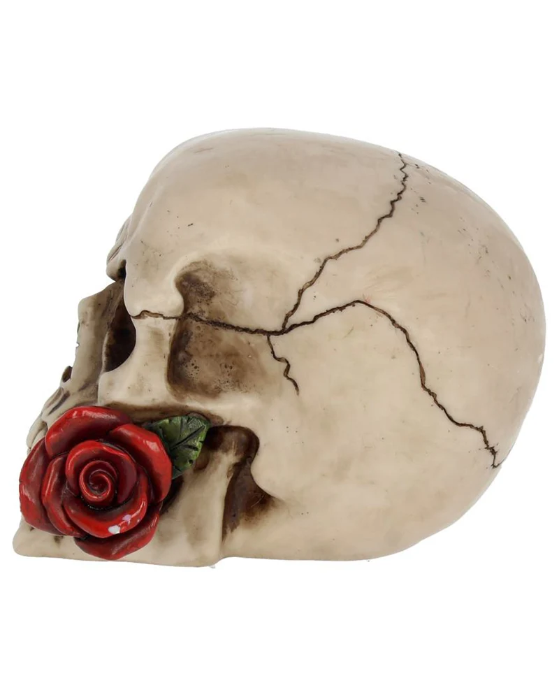 Beiger Totenschädel mit roter Rose 15cm