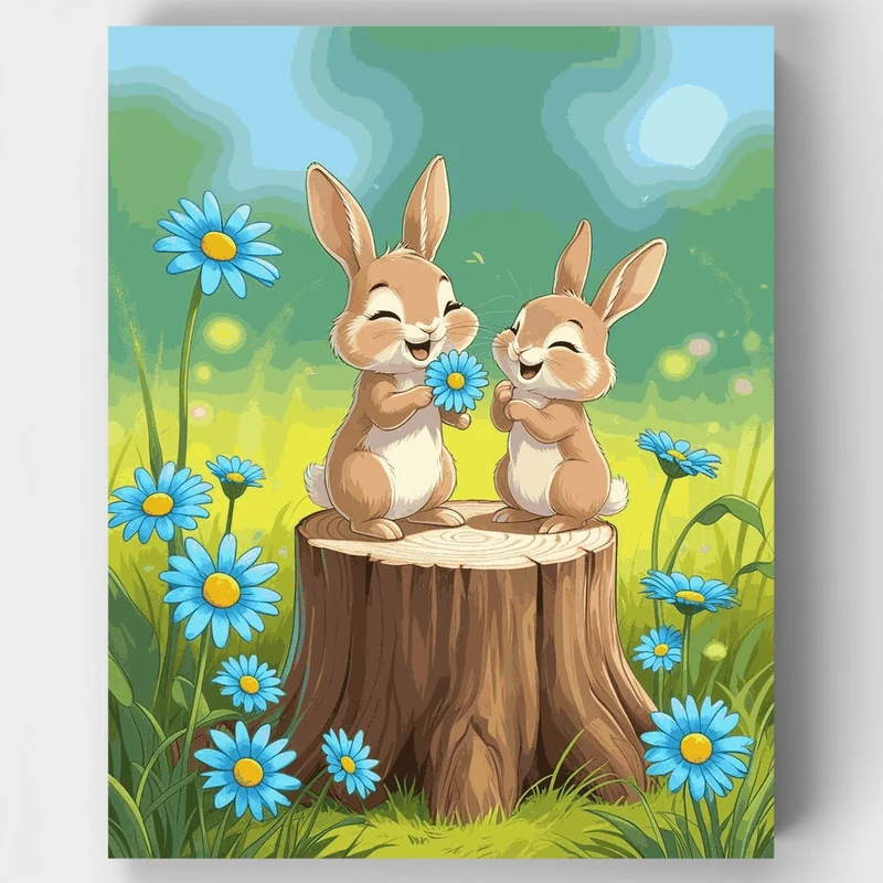 Two Bunnies with Blue Daisies - Paint by Numbers Kit