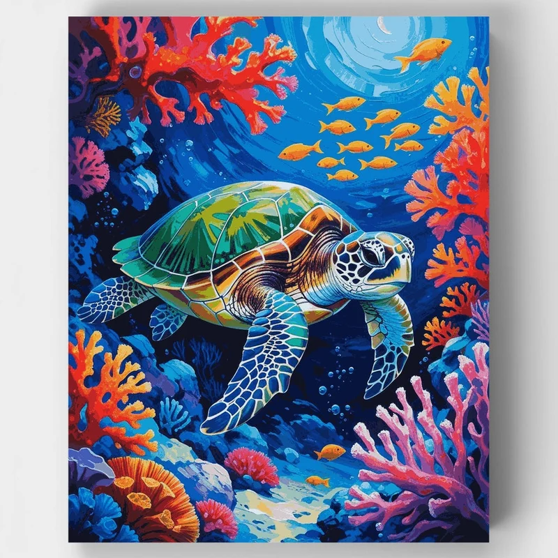 Sea Turtle in Vibrant Coral Garden - Paint by Numbers Kit