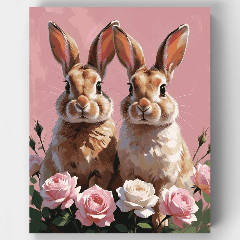 Two Bunnies with Pink Roses - Paint by Numbers Kit