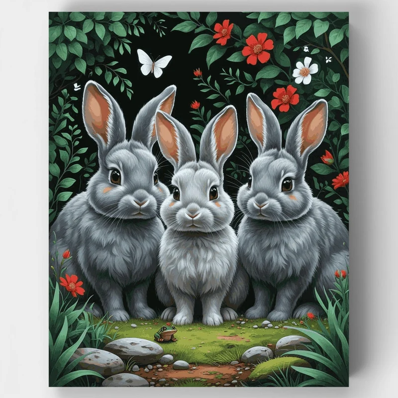 Three Gray Rabbits in Garden - Paint by Numbers Kit