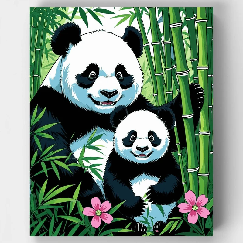Adorable Panda Family in Lush Bamboo Garden - Paint by Numbers Kit