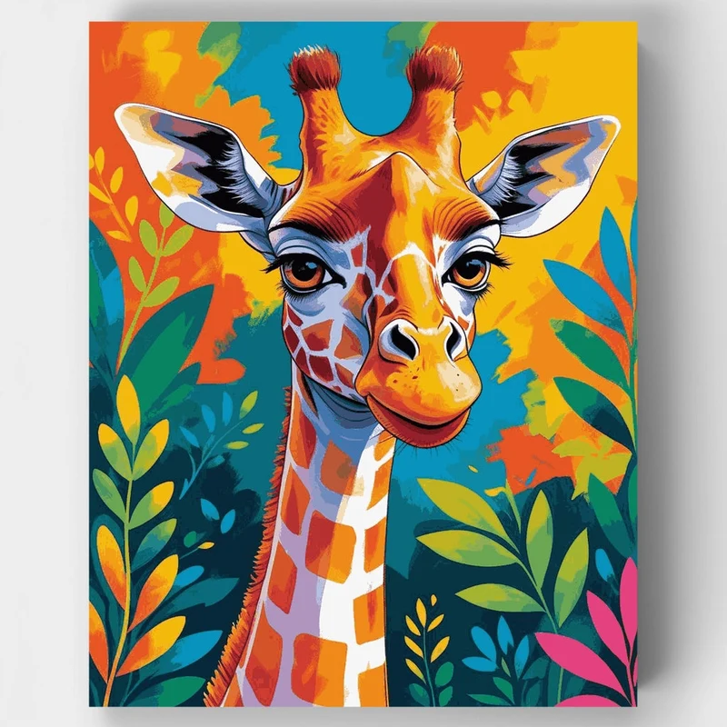 Colorful Giraffe with Tropical Foliage - Paint by Numbers Kit