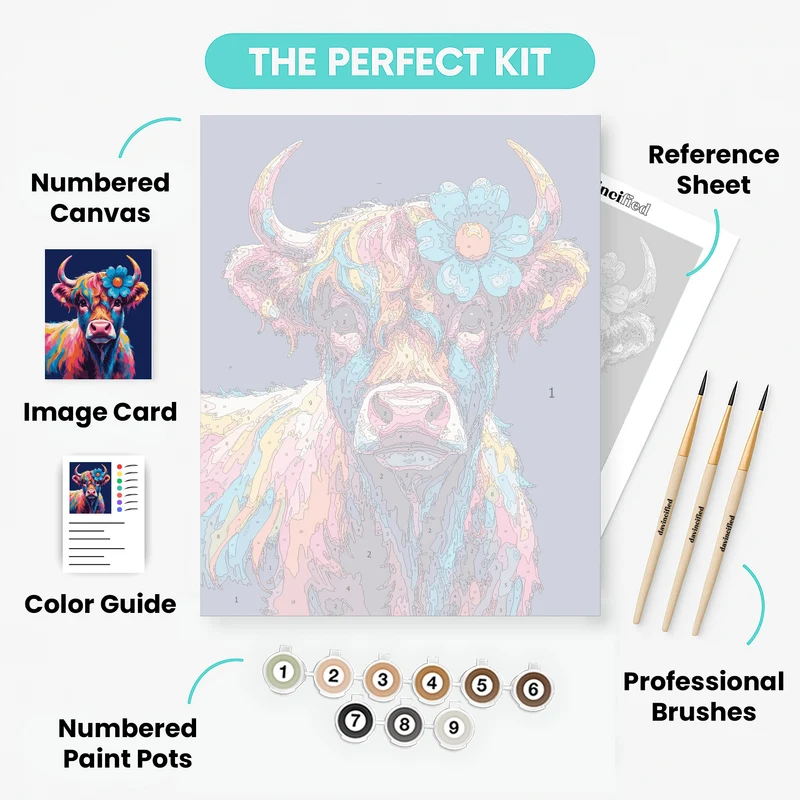 Vibrant Highland Cow with Flower - Paint by Numbers Kit