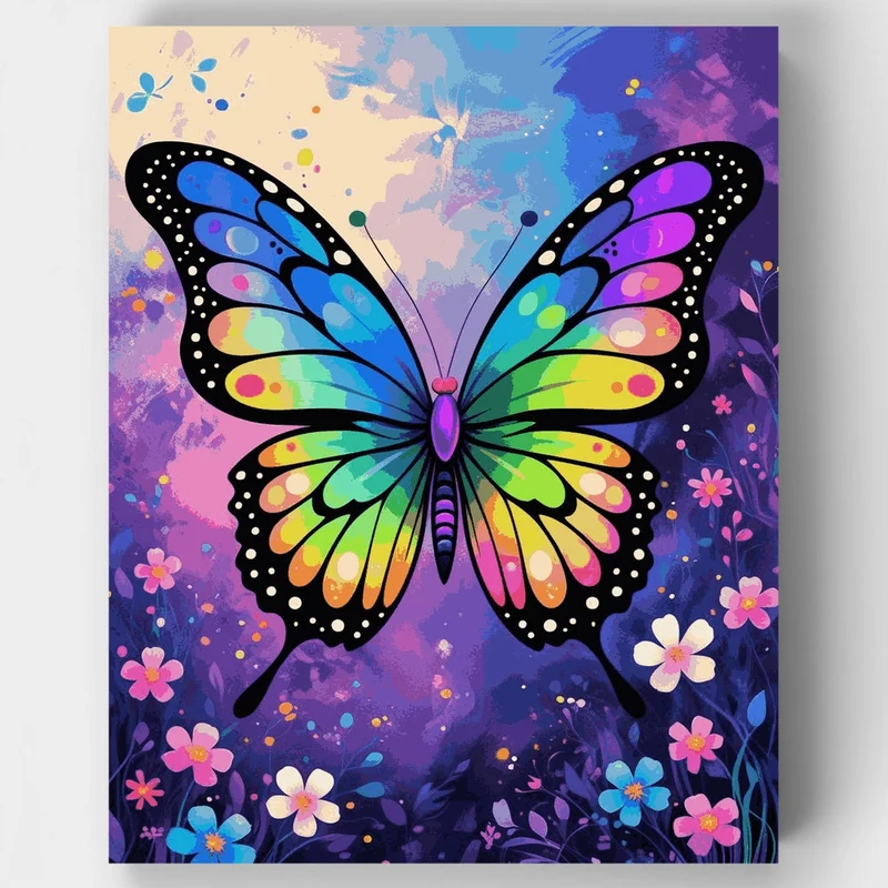 Rainbow Butterfly with Flowers - Paint by Numbers Kit