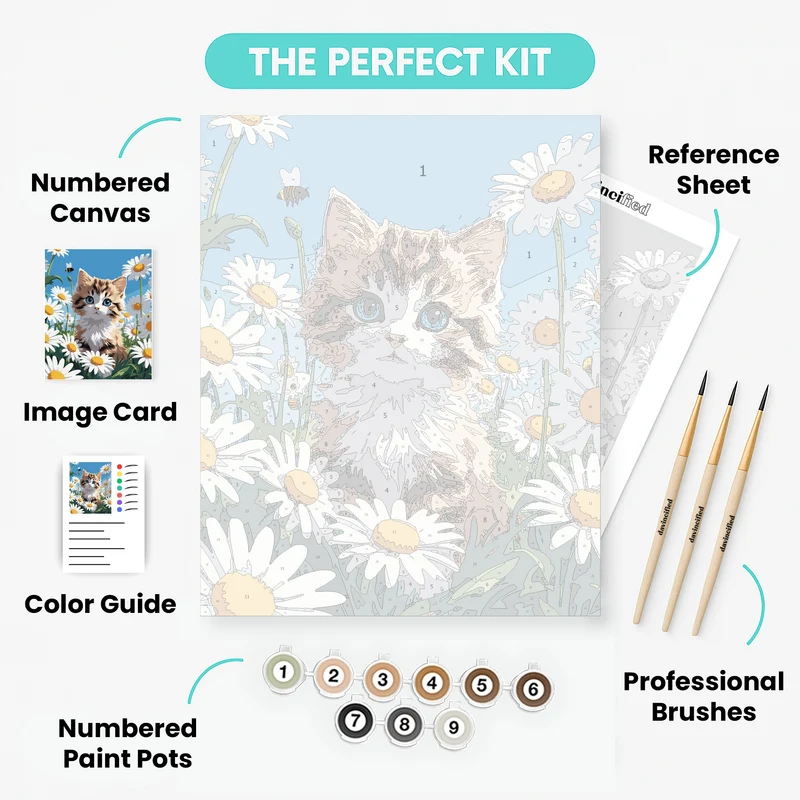 Fluffy Kitten with Blue Eyes in Daisy Garden - Paint by Numbers Kit