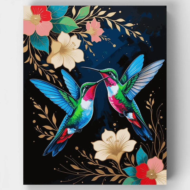 Vibrant Hummingbirds with Golden Floral - Paint by Numbers Kit