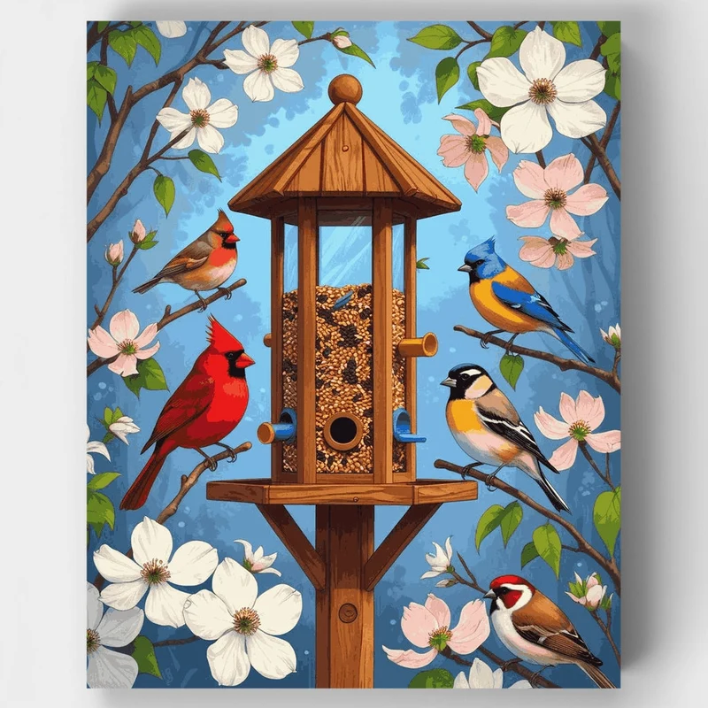 Bird Feeder with Colorful Songbirds and Blossoms - Paint by Numbers Kit