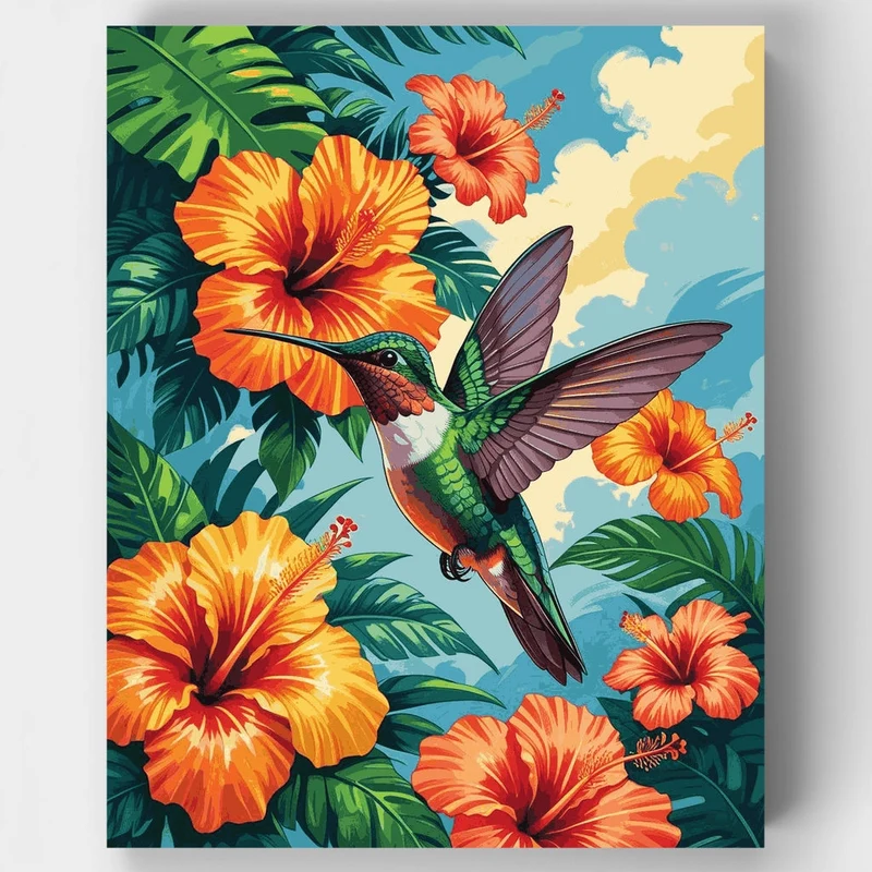 Hummingbird with Tropical Hibiscus Flowers - Paint by Numbers Kit