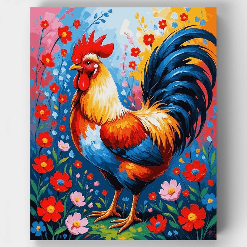 Vibrant Rooster in Blooming Garden - Paint by Numbers Kit