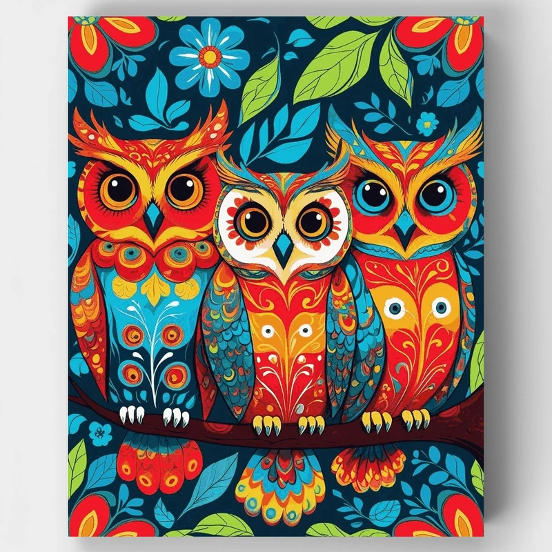 Vibrant Folk Art Owls - Paint by Numbers Kit