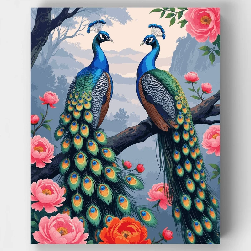 Two Peacocks with Pink Peonies - Paint by Numbers Kit