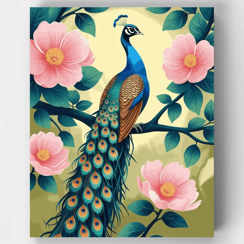 Elegant Peacock with Pink Blossoms - Paint by Numbers Kit