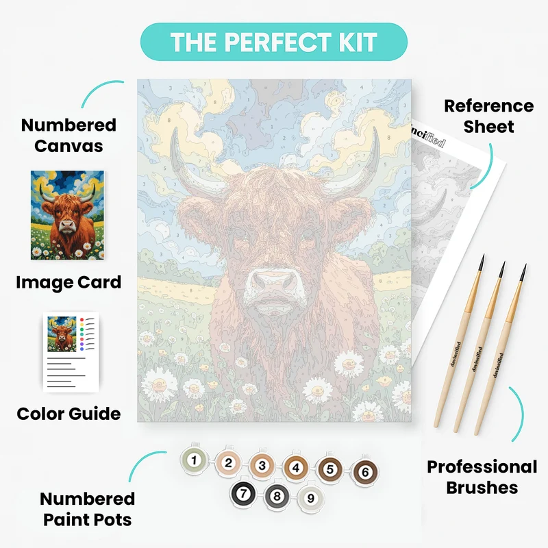 Highland Cow in Wildflower Meadow - Paint by Numbers Kit