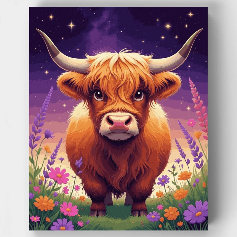Majestic Highland Cow in Flower Meadow - Paint by Numbers Kit