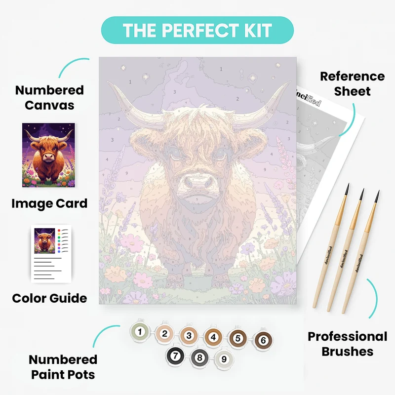 Majestic Highland Cow in Flower Meadow - Paint by Numbers Kit